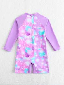 SHEIN GraphicGems 女宝宝卡通美人鱼印花圆领插肩袖长袖休闲连体泳衣 - 彩色 - 查看 2