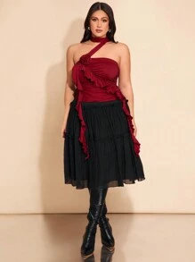 SHEIN BAE Top pentru femei plus size, cu imprimeu floral 3D/în relief, trandafir, cu guler lung, potrivit pentru sărbători, Ziua Îndrăgostiților, întâlniri romantice, San Valentin, Paște, cadouri de Ziua Îndrăgostiților, mulat, simplu, Paște occidental, haine de primăvară, Y2K, modă, festivaluri de muzică