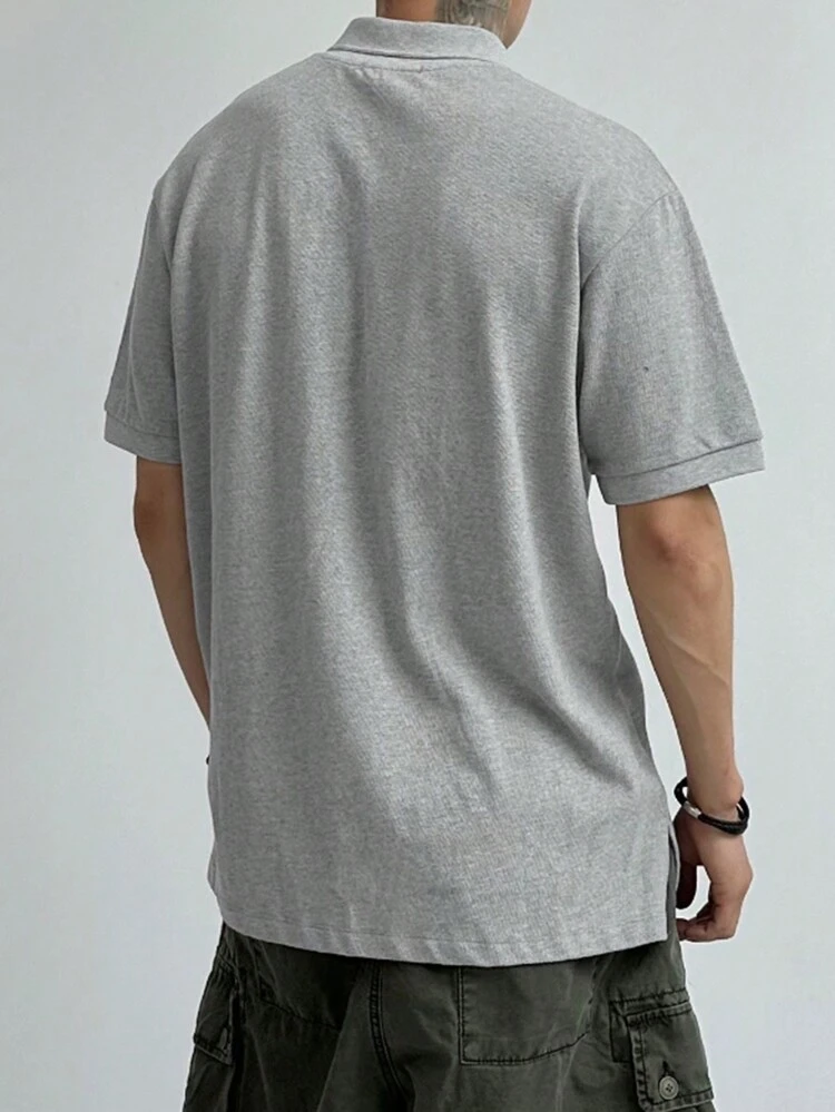 Men's Letter Print Grey Short Sleeve Polo Shirt, Summer