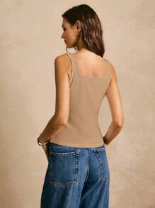 Poéselle Solid Square Neck Wide Strap Top - Camel - View 3