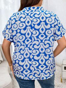 SHEIN LUNE 大码休闲通勤全身印花镂空领蝙蝠袖衬衫