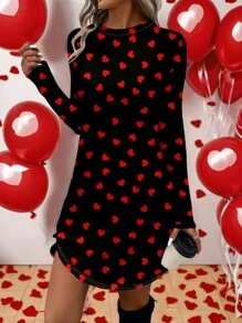 SHEIN LUNE 情人节女士心形图案休闲扭纹下摆长袖圆领连衣裙 - 白色 - 查看 3