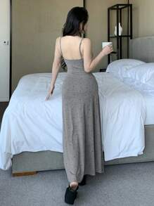 DAZY 蝴蝶结装饰圆点褶饰腰部设计紧身睡袍女士睡衣 - 灰色 - 查看 2