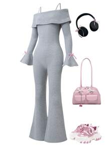SHEIN Explorewe Tween Girls' Spring & Autumn Off Shoulder Knit Jumpsuit With Butterfly Sleeve & Bow Decor - Grey - View 6