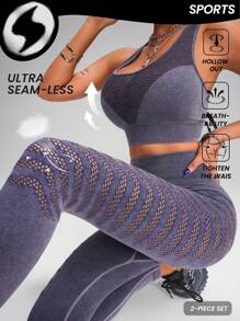Innovista Violetter Wascheffekt Jeans-Look Nahtloses Sportset mit hoher Elastizität 2 Stücke für Damen, nahtloser Sport-BH mit mittlerer Stützfunktion und Racerback-Design sowie Push-up Effekt und Workout Biker Leggings Set, Alltagsoutfit & Workout Set, Yoga Set, Fitnessstudio Set, Laufoutfit, Herbst-Winter Tragekleidung, Pilates, Outdoor Yoga