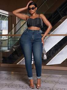 SHEIN SXY Plus Size Women's Elastic Blue Vintage Casual Jeans With Foldable Hem, Skinny Fit