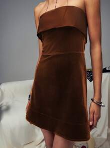 TypaGal Women's Elegant Brown Contrast Satin Fold Over Bandeau A Line Mini Dress,Cocktail Semi Formal Prom Dress For Wedding Guest Party Homecoming - Coffee Brown - View 7