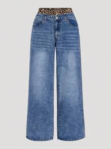 SHEIN MOD Jeans de pierna ancha con parches de estampado de leopardo azul, jeans azules, jeans holgados de leopardo, Y2K, jeans de mujer, jeans de talle alto, jeans de mujer para conciertos - Azul lavado oscuro - Ver 3