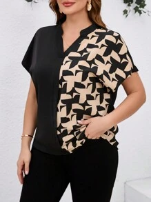 SHEIN Clasi Plus Size Summer Colorblock Print Patchwork Notched Neck Batwing Sleeve Blouse