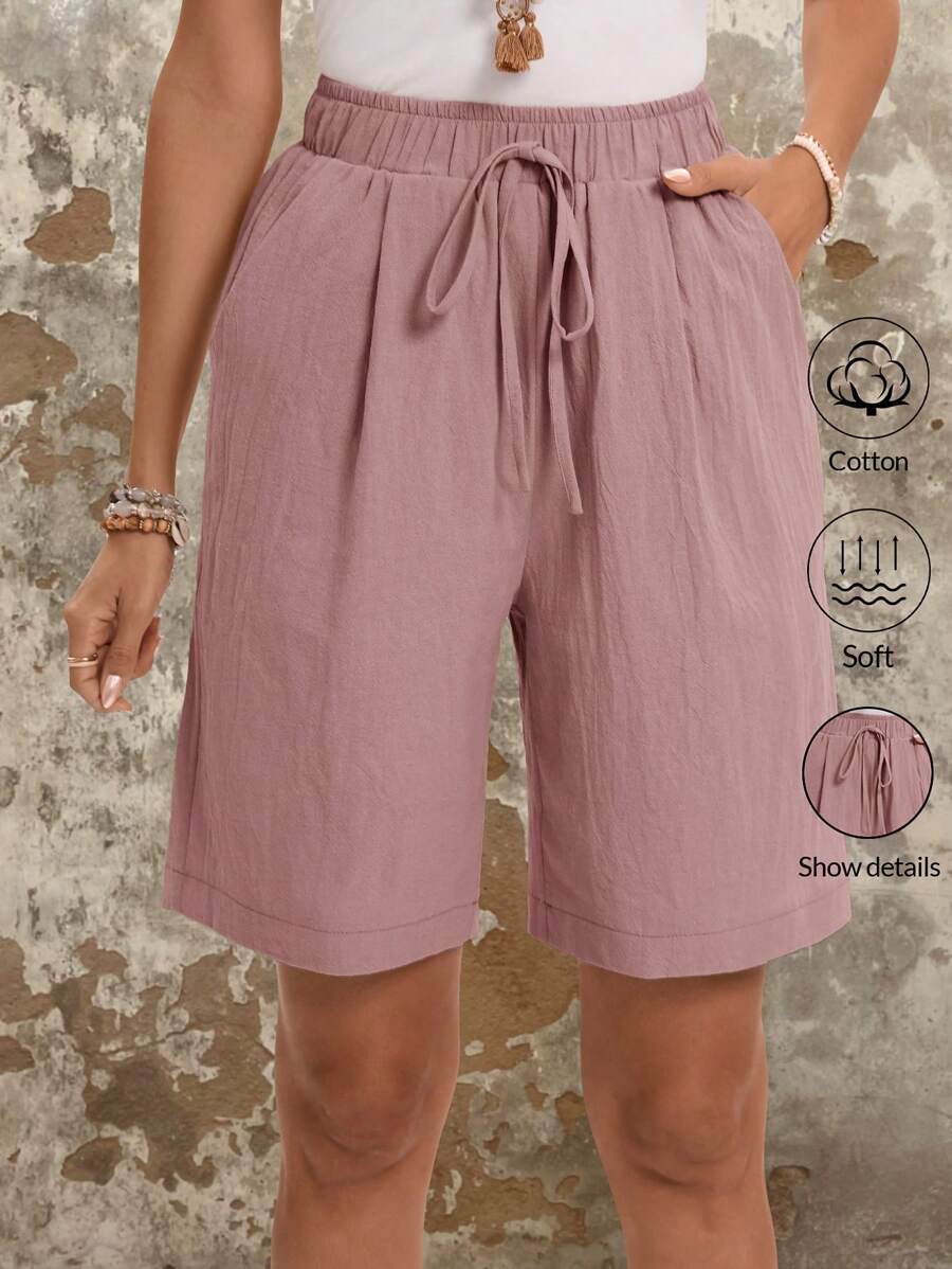 Faunlyn Solid Color Elastic Waist Slant Pocket Shorts Women's Summer Shorts Cotton Comfy Shorts - Baby Pink - View 1