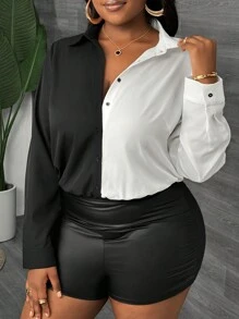 Slaydiva Plus Size Elegant Front Button Up Splicing Long Sleeve Casual Bodysuit - Black and White - View 4