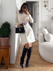 SHEIN Frenchy Tuta elegante casual da donna con scollo a V profondo e design con bottoni, di colore unito - Bianco - Visualizzare 5