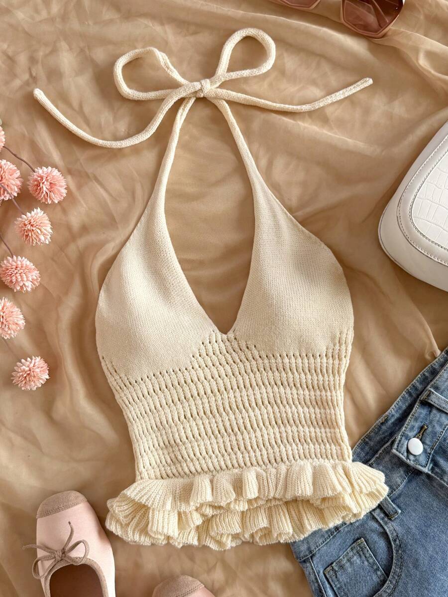 Soleia Women's Solid Color Casual Ruffle Neck Tie-Up Knit Blouse - Apricot - View 1