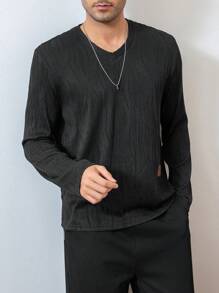 SHEIN Manfinity Dauomo Áo thun sọc thời trang nam, thiết kế tối giản màu trơn, mặc thường ngày - màu đen - Xem 5