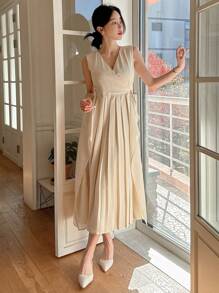 DAZY Robe mi-longue élégante pour femmes, de couleur unie, avec un ourlet plissé et sans manches, pour les jours ensoleillés