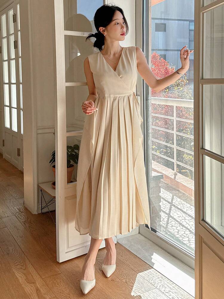 Women Elegant Solid Color Pleated Hem Sleeveless Midi Dress Sundress
