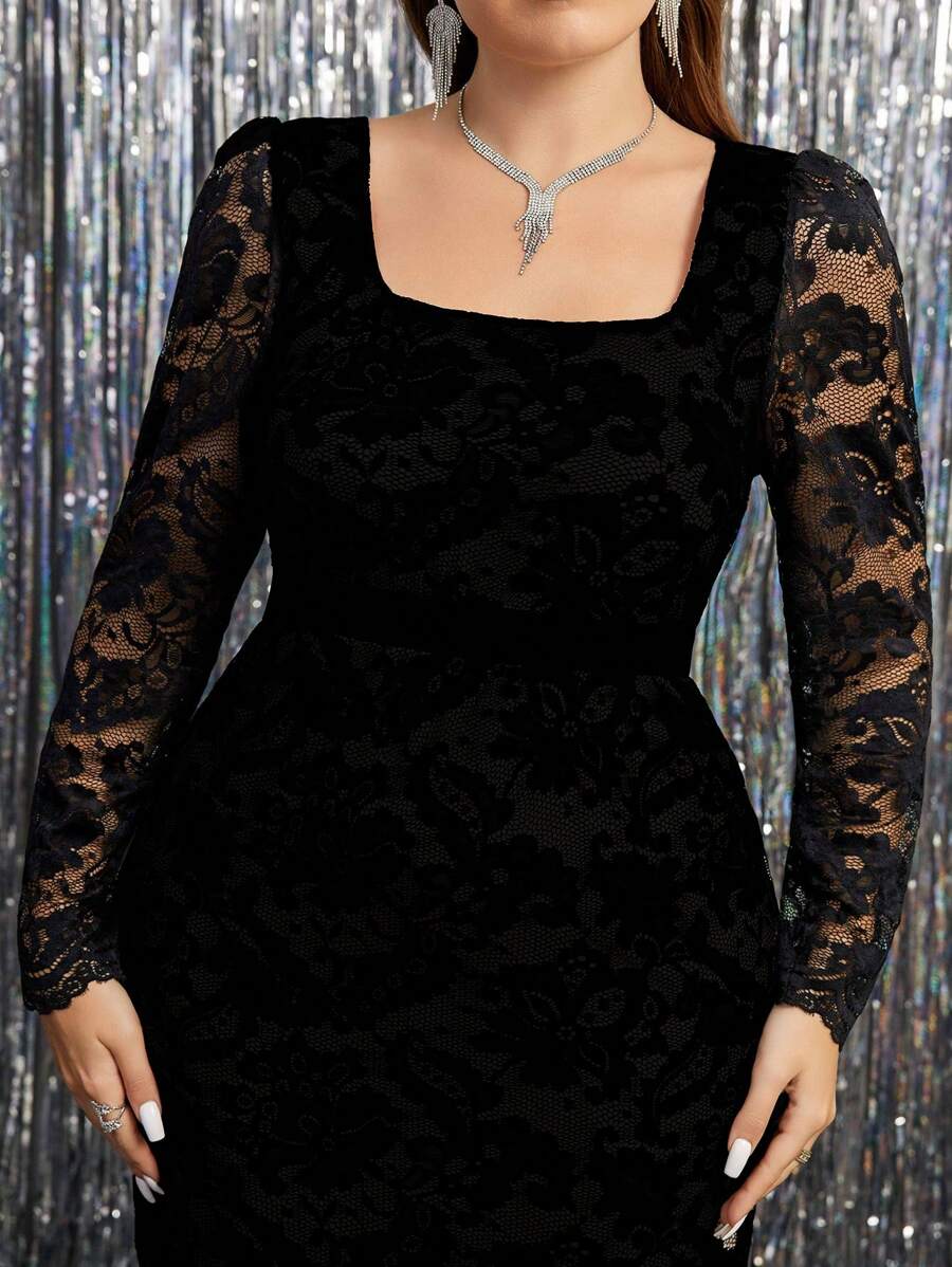SHEIN Clasi Vestido de encaje de manga larga para mujer talla grande, elegante para ocasiones de fiesta, otoño/invierno