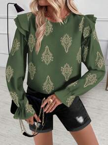 SHEIN Clasi Blusa casual de manga larga y manga abullonada con cuello con volantes bordados de lino para mujeres