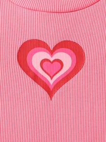 Tween Girl 2pcs Knit Round Neck Sleeveless Sporty Street Casual Heart Print Pink Dress Clothes Set For Valentine's Day