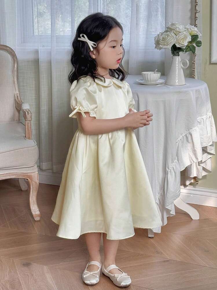 Young Girl Elegant Solid Color Puff Sleeve Dress,Girls Summer Outfits