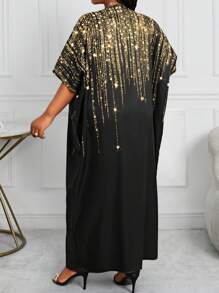 SHEIN Lady Spring And Summer Autumn And Winter Elegant Black Woven Notched Wrap Straight Cloak Sleeve Kaftan Dress Long Plus Size Dresses