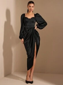 SHEIN BAE Damen elegantes, sexy Kleid mit hohem Schlitz und Langarm