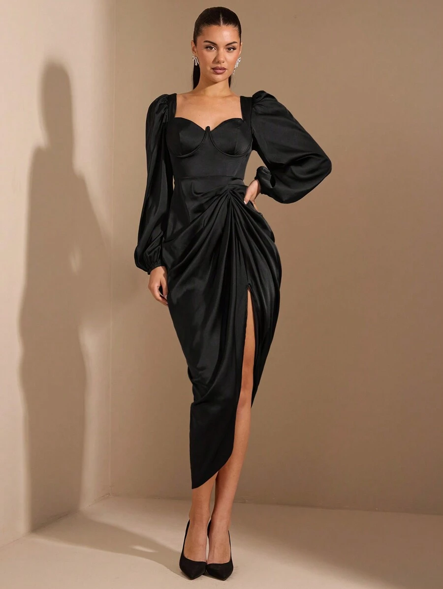 SHEIN BAE Damen elegantes, sexy Kleid mit hohem Schlitz und Langarm