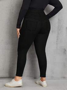 SHEIN Privé Plus Size High Waisted Skinny Solid Color Casual Jeans - Black - View 2