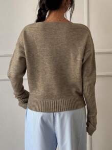 Flirla Women's Loose Oversized Solid Color Drop Shoulder Long Sleeve Sweater, Autumn/Winter Knit Pullover Fall Sweater - Khaki - View 2