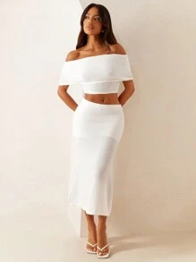 Athîral Women Knit Off Shoulder Crop Top And Long Bodycon Skirt 2 Pieces Outfit, Solid White Color, Stylish Valentine