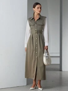 Aveloria Modichic Long Dress With Mixed Material Patchwork, Button Front Design, Commuting Style For Women - Multicolor - View 6