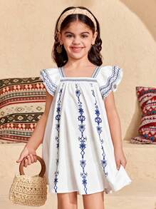 SHEIN Vestido casual de vacaciones con estampado floral y mangas con volantes para niñas jóvenes