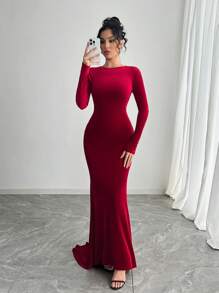 Vestido ajustado de mujer elegante y sexy de unicolor con espalda descubierta - Rojo - Ver 1