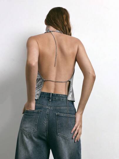 Maija Top sin mangas con cadena metálica y espalda descubierta, cintura ajustada, cuello halter sexy para mujer - Vestido casual, urbano y de fiesta apto para Navidad, vacaciones, cumpleaños, Acción de Gracias, Día de San Valentín