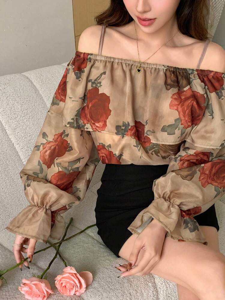 Rose Floral Print Long Sleeve Ruffle Hem Women Blouse, Top For Spring & Summer, Fall Graphic Tee Vacation Women Boho