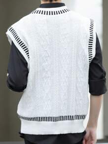 Claim Dot 男士休闲宽松条纹 V 领毛衣背心秋冬款 - 黑與白 - 查看 2