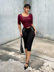 SHEIN SXY Quần lửng nữ dáng ôm, kiểu dáng thường ngày, có lỗ xỏ dây và khóa cài, màu đen, quần legging nữ. - màu đen - Xem 2