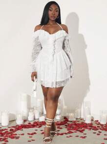 SHEIN SXY Vestido de mujer de talla grande para primavera/verano, Día de San Valentín, vacaciones, playa, verano, multicapa, unicolor, simple, de uso diario, con encaje y volante en el dobladillo, adecuado para uso cotidiano y vestuario occidental