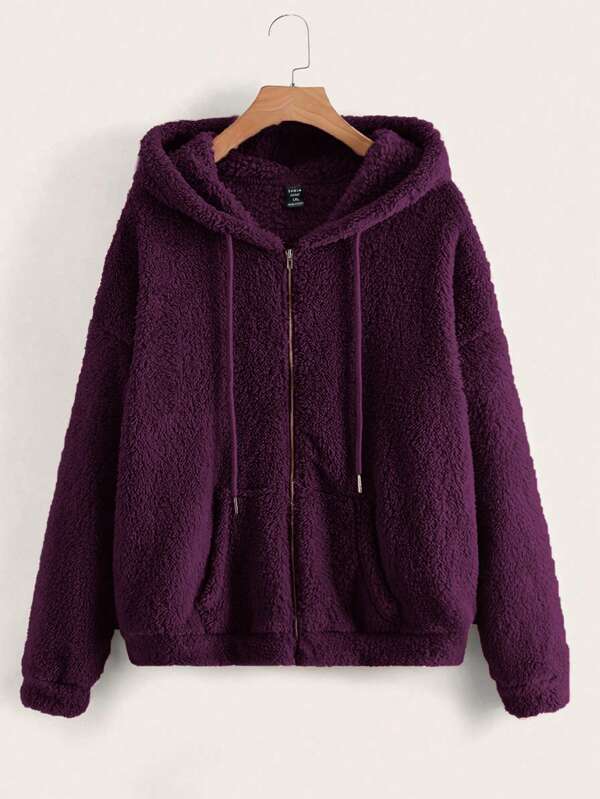 SHEIN LUNE Plus Size Women Solid Color Sherpa Zip Up Casual Hooded Jacket, Autumn/Winter  Pink Jacket Women Fluffy Jacket Teddy Jacket Women