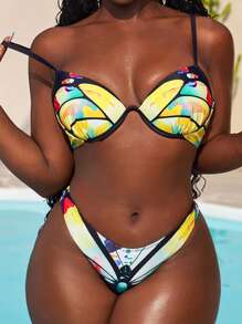 Slaydiva Conjunto de bikini con parte superior y Bottom de unicolor con efecto parchwork para mujer, traje de baño para verano y vacaciones en la playa - Multicolor - Ver 8