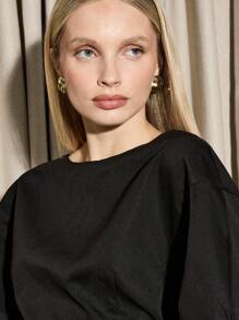 AiiRZ Structured Long Sleeve Crop Blouse With Open Back And Mini Skirt Set - Black - View 6
