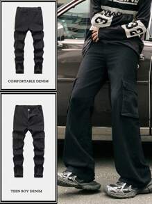 SHEIN Teen Boy Casual Fashion Black Cargo Pocket Design Loose Straight Leg Boys Jeans For Dailywear And Boys Outfits Fall Clothes