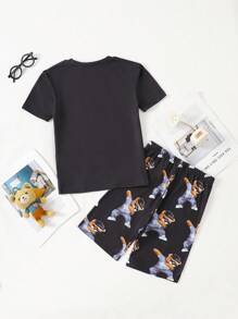 SHEIN Tween Boy Cartoon Bear Print Crew Neck Short Sleeve Shorts Casual Comfy Pajama Set, 2pcs