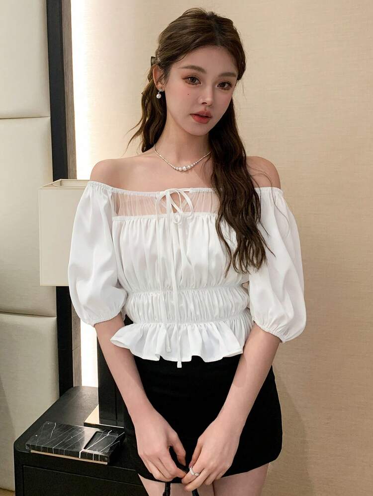 Women's White French Square Collar Puff Sleeve Satin Blouse, Mesh Patchwork Waist Crop Elegant Shirt For Summer Babydoll Top