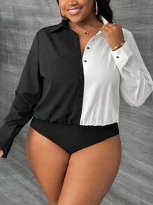 Slaydiva Plus Size Elegant Front Button Up Splicing Long Sleeve Casual Bodysuit - Black and White - View 8