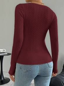 Chiquease Suéter de punto de manga larga, ajuste delgado, unicolor para mujer, otoño e invierno - Burdeos - Ver 2
