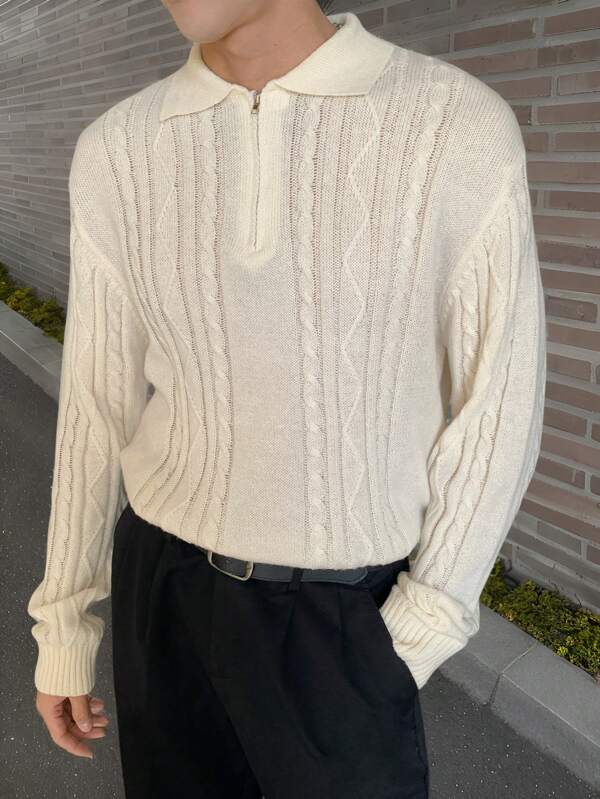 Manfinity CasualKnits Men's Solid Color Front Zipper Long Sleeve Polo Collar Cable Sweater, Casual Everyday Wear