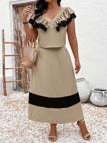 SHEIN LUNE Plus Size Plus-Size Women's Woven Plain Casual Two-Piece Set For Summer - Apricot - View 3