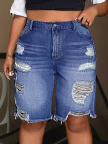 SHEIN CURVE+ Plus Size Casual Denim Shorts, Fashionable Everyday Wear