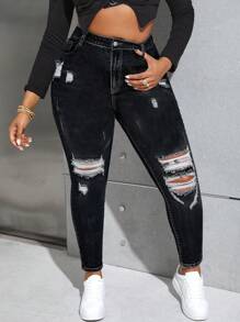 SHEIN Privé Plus Size Front Button Pocket Distressed Simple Jeans, Casual Everyday Wear